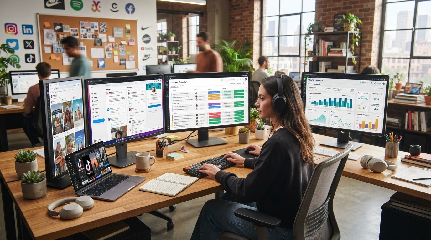 Social media marketing team managing content across multiple platforms with engagement analytics and community management tools
