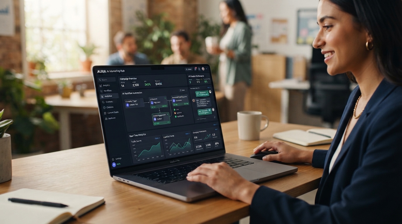 AI-powered marketing dashboard showing automated workflows, chatbots, and analytics