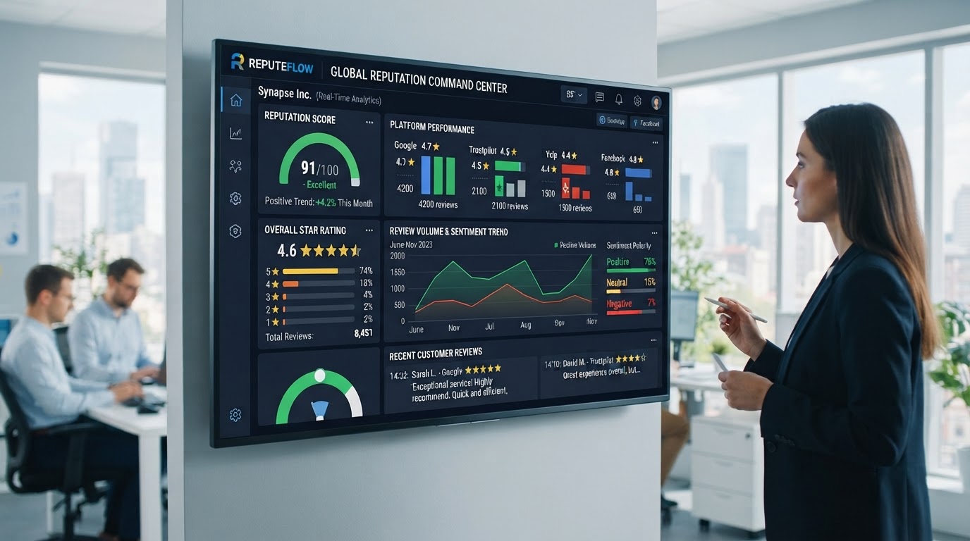 Online reputation management dashboard showing review monitoring, star ratings, customer feedback, and brand sentiment analysis across multiple platforms