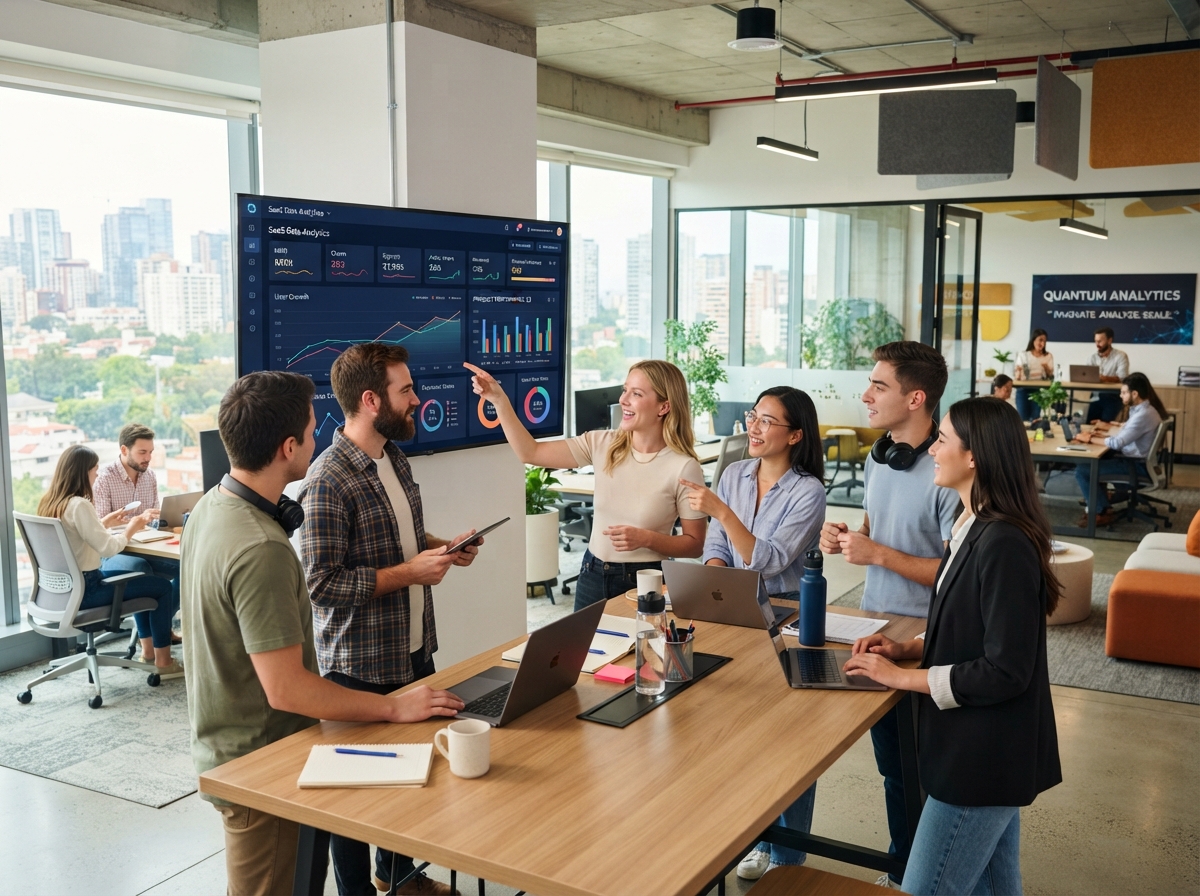 Modern SaaS technology company office with team collaborating