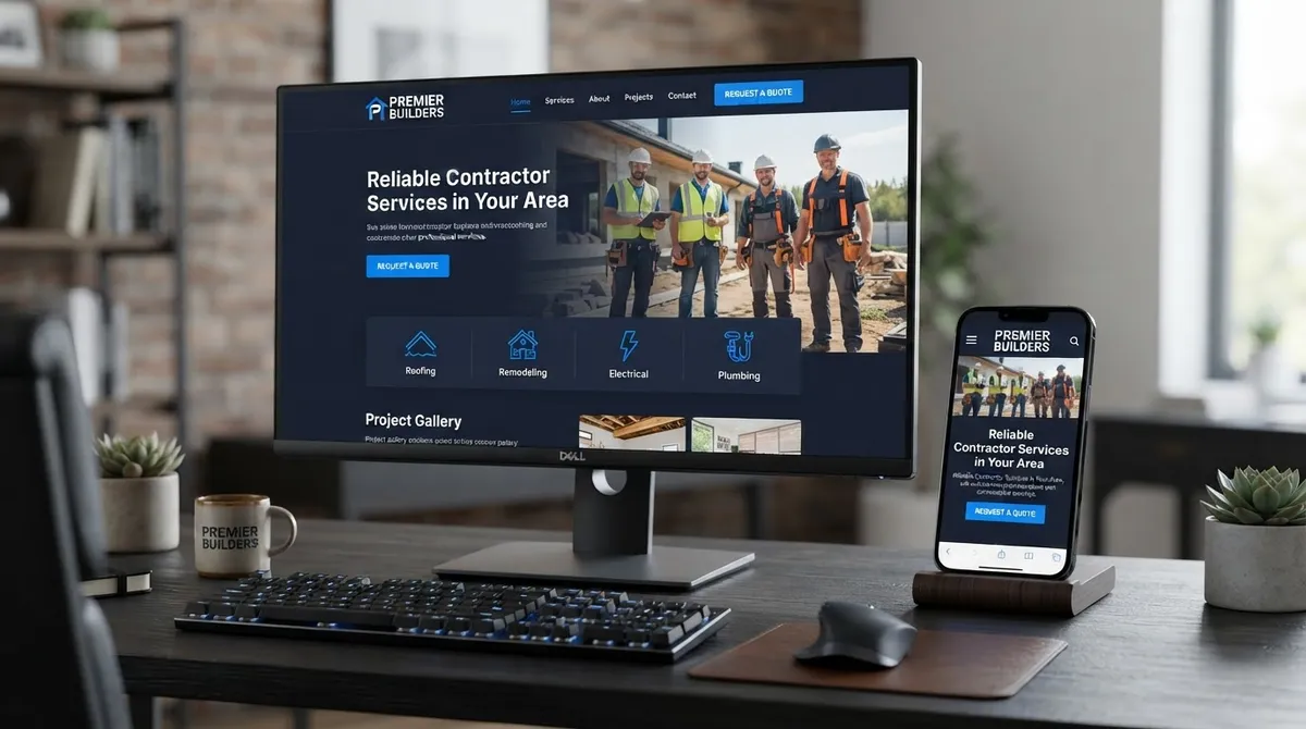 Modern contractor service business website displayed on desktop and mobile