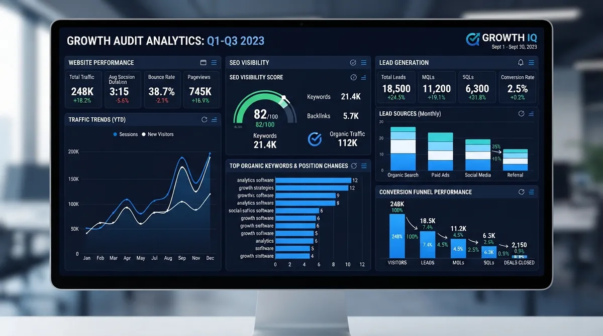 Integrated marketing system dashboard showing website, SEO, leads, and automation working together