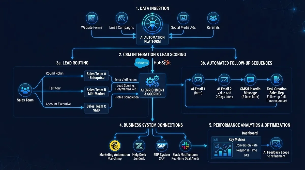 AI automation workflow diagram showing CRM, lead routing, and follow-up