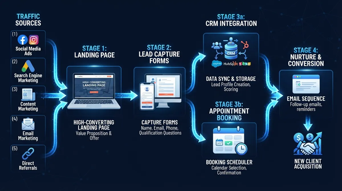 Lead generation funnel showing traffic flowing to landing pages, lead capture, CRM, and booking