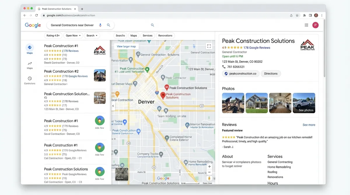 Google Business Profile listing showing reviews, photos, and local map visibility