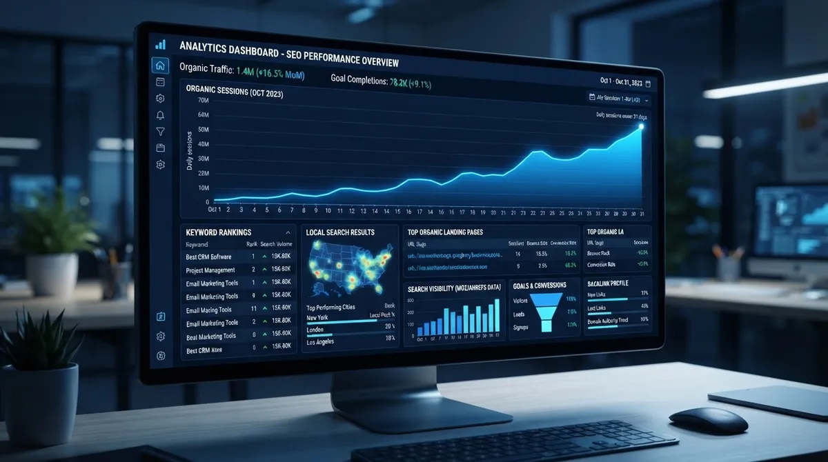 SEO analytics dashboard showing rising search visibility and local rankings