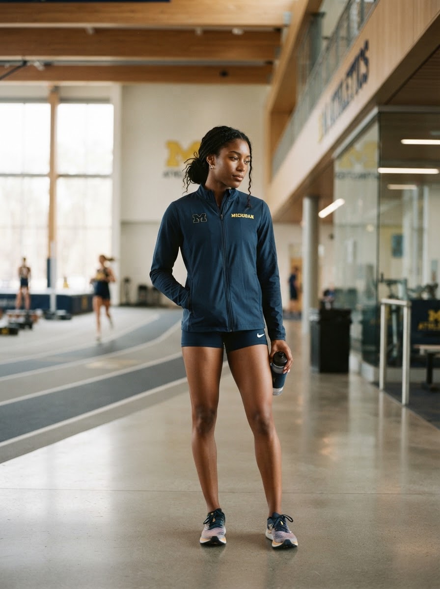 Female college athlete reflecting in a collegiate athletic facility for the Beyond The Athlete College Summit