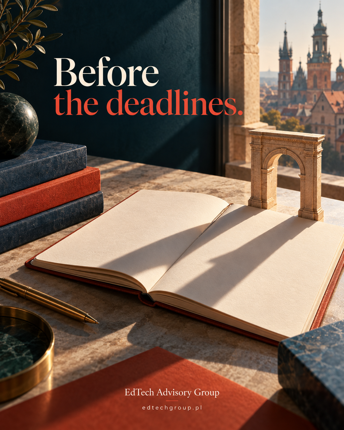 Before the deadlines: notebook, pen and archway with city skyline