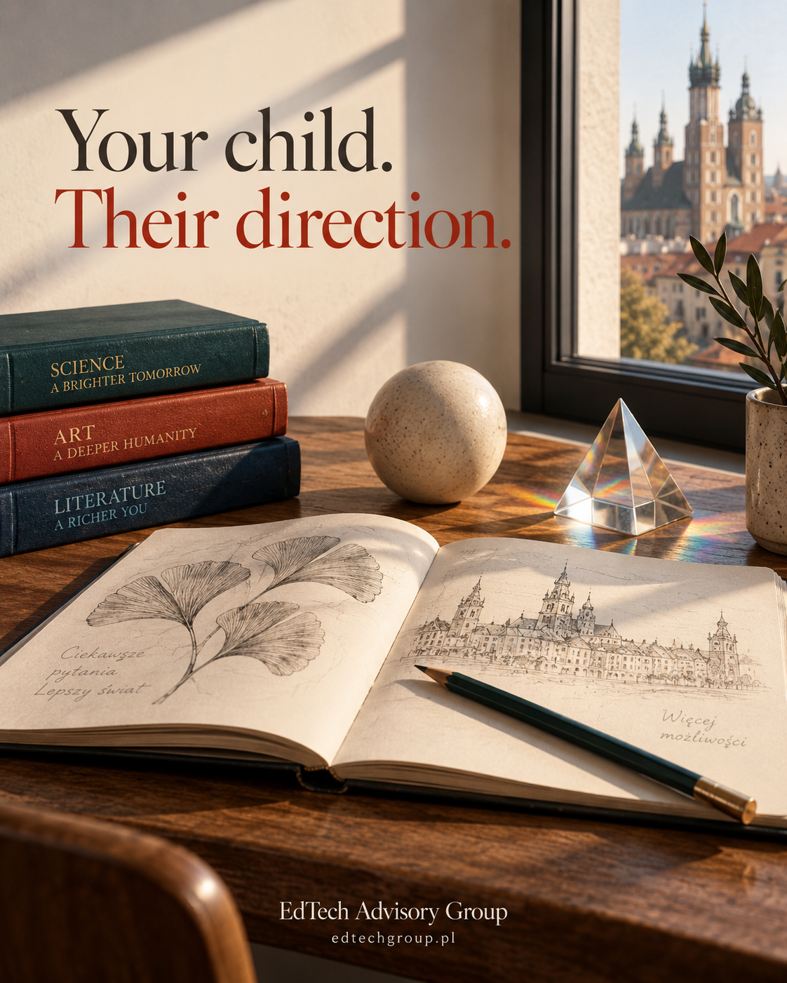 Your child. Their direction. Poster featuring desk, sketchbook, Kraków view