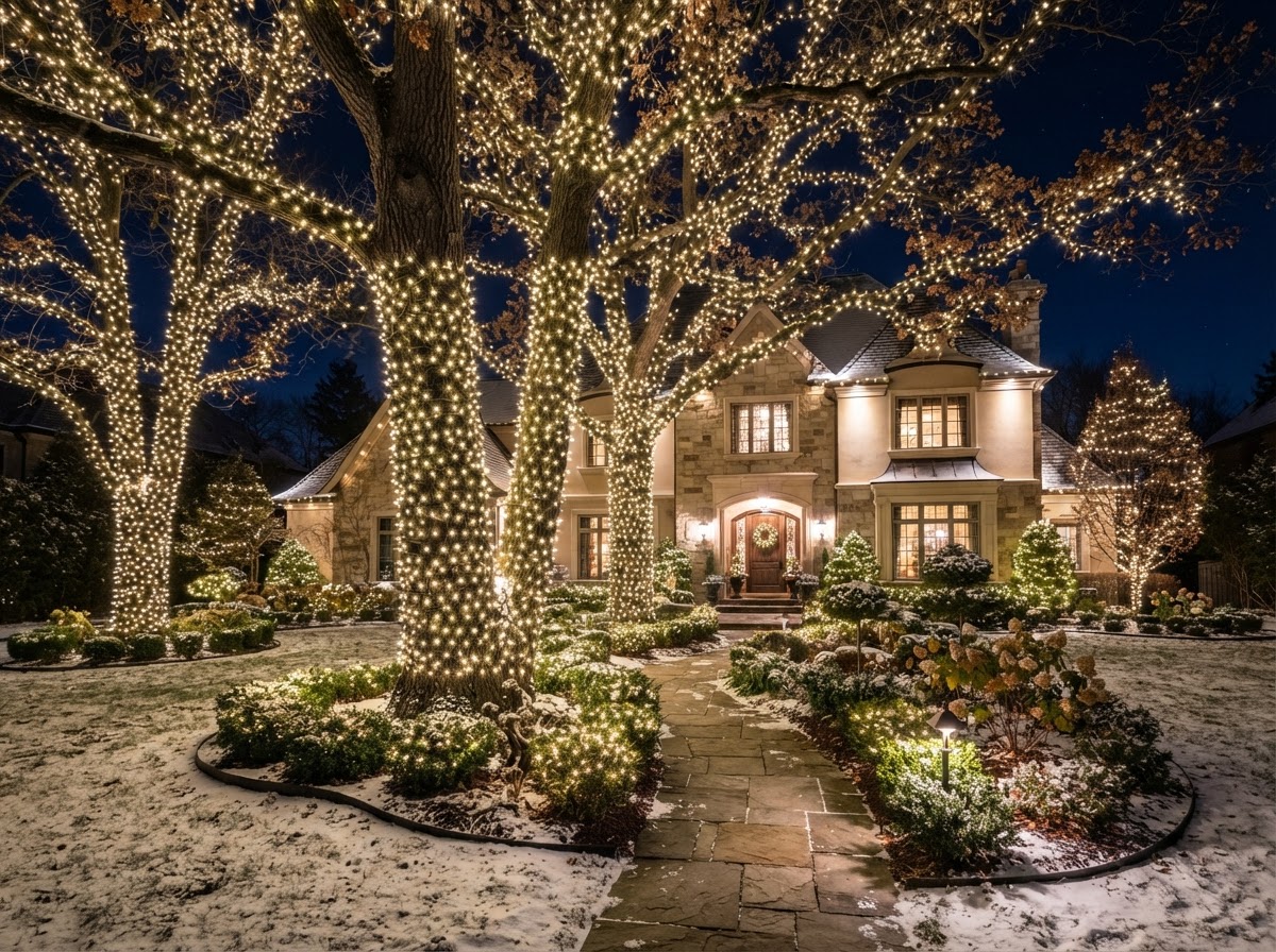 Trees and shrubs wrapped with warm white Christmas lights at night