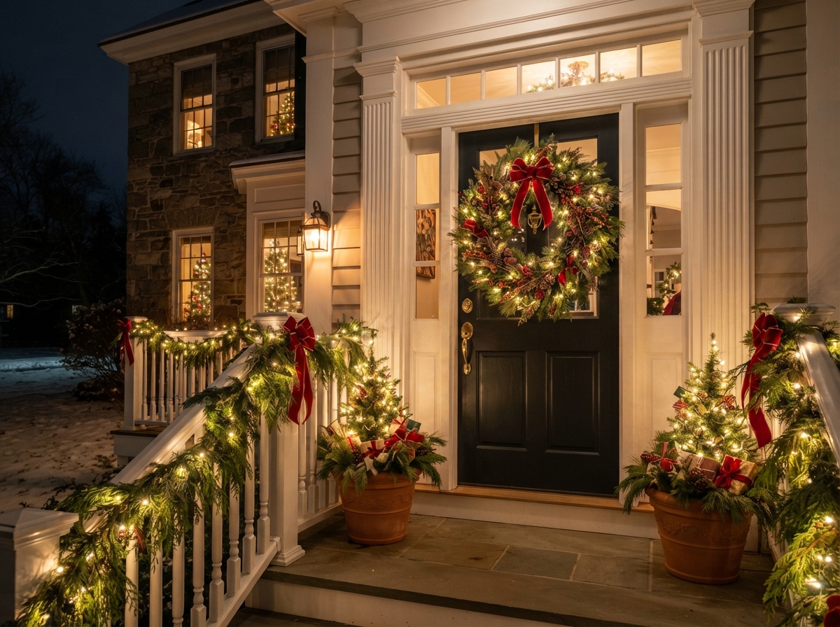 Front door wreath and porch garland with Christmas lights
