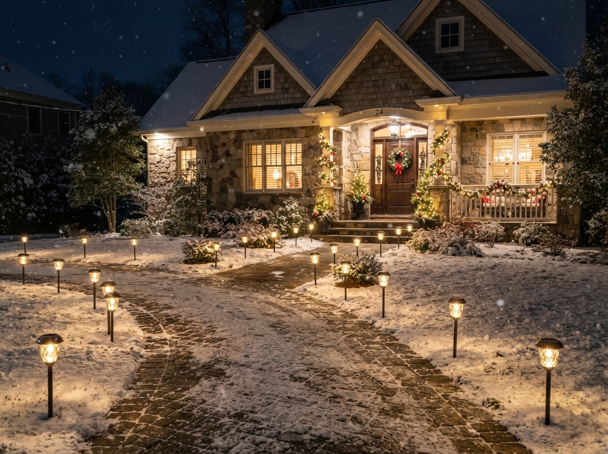 Walkway lined with path stake lights leading to front entrance