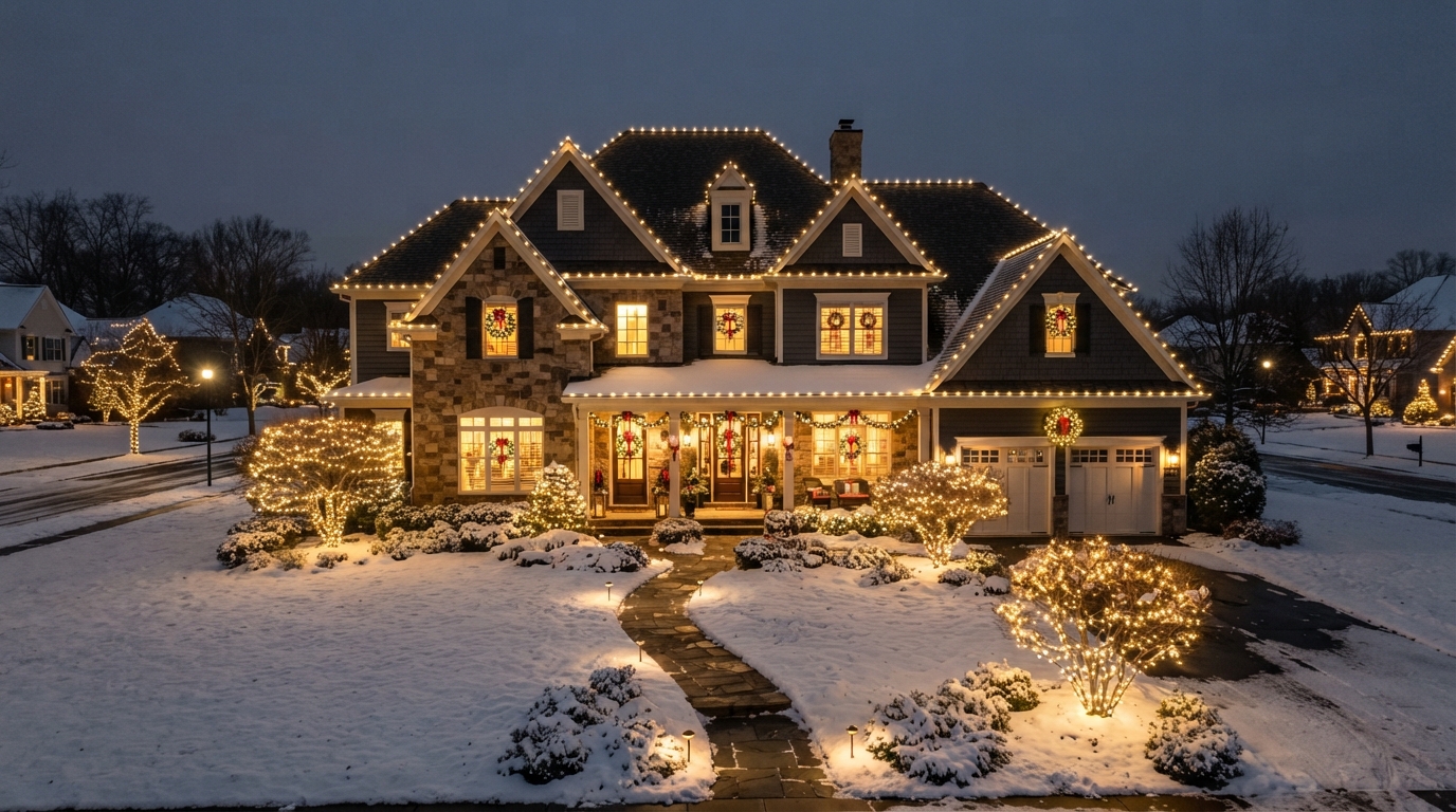 Christmas light installation on a Long Island home at night with lit roofline
