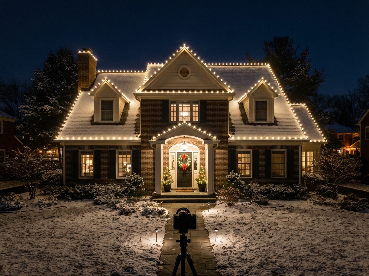 Roofline Christmas light installation showing lights along peaks and gables