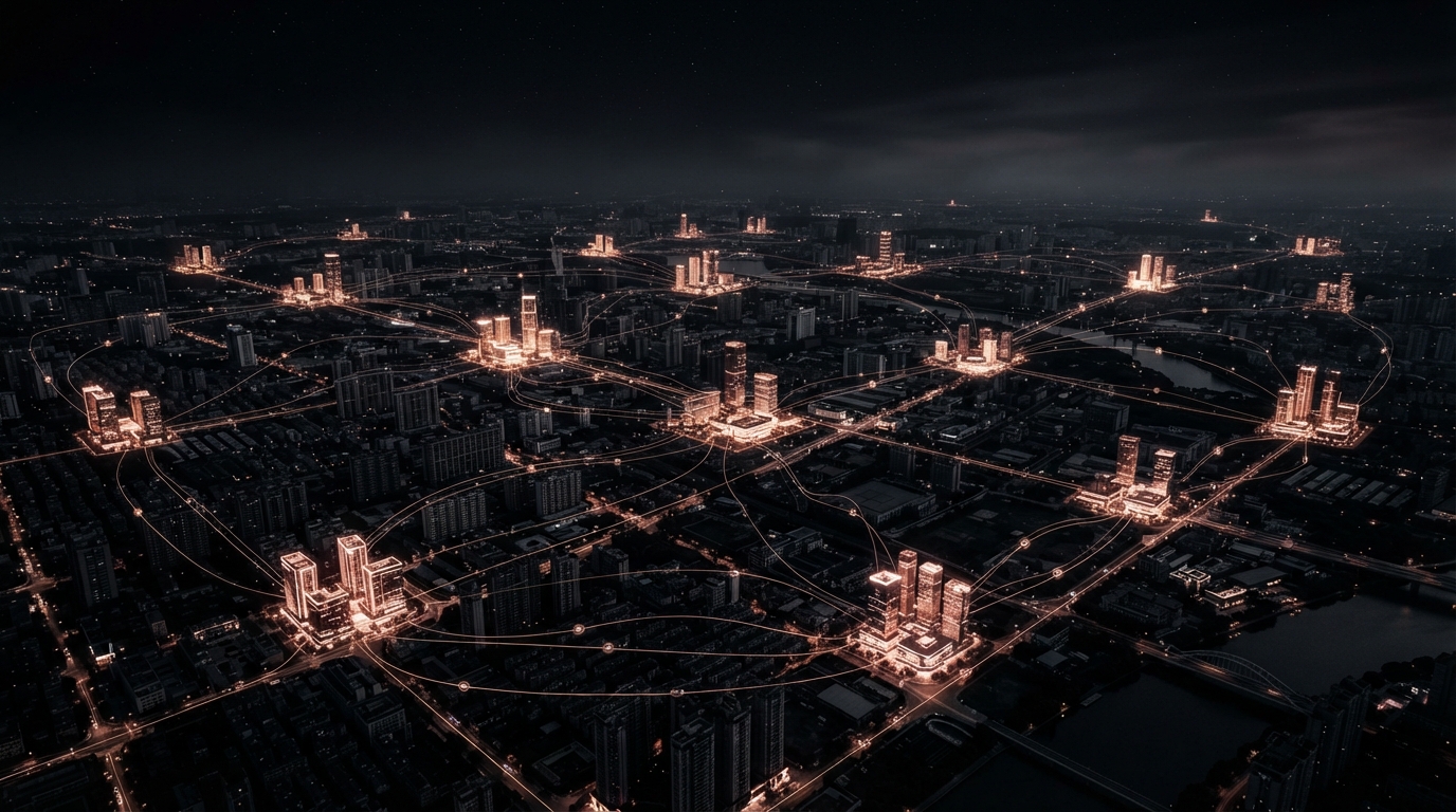 Multi-location business properties connected by data flow lines at night