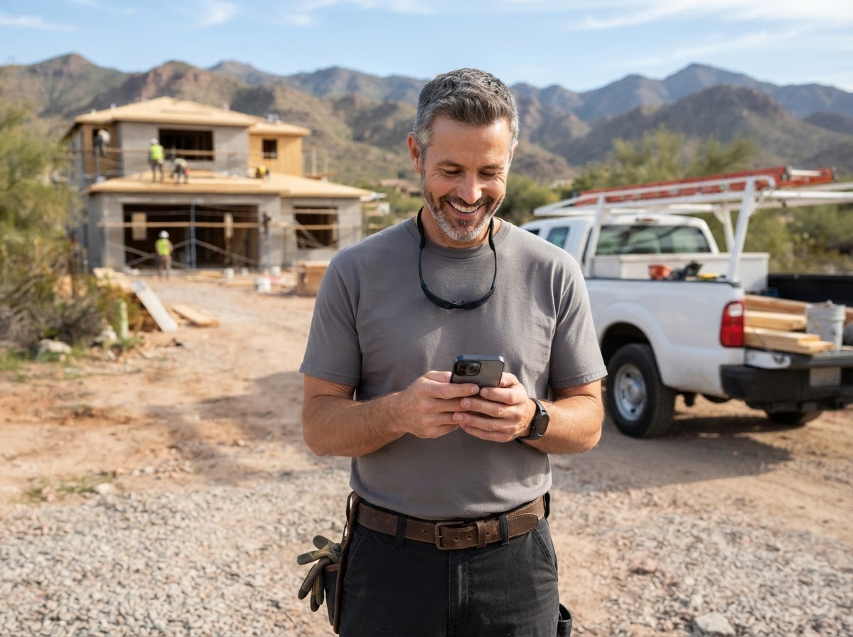Contractor smiling while looking at 5-star Google reviews on his phone