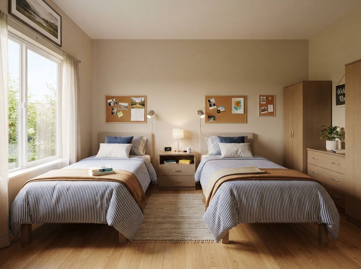 Clean shared bedroom with two neatly made beds at Stayhaven Homes