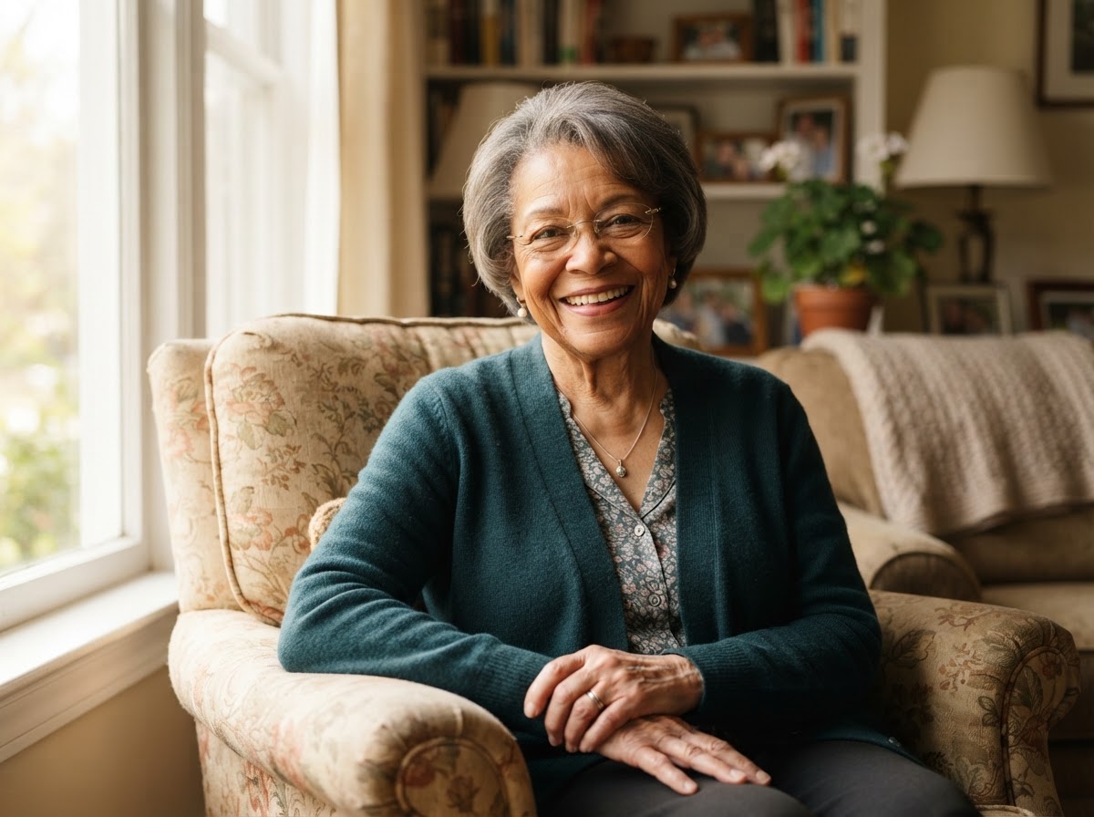 Happy senior resident enjoying her comfortable home at Stayhaven Homes