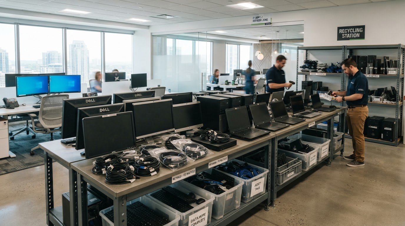 Office technology refresh with older computers organized for recycling