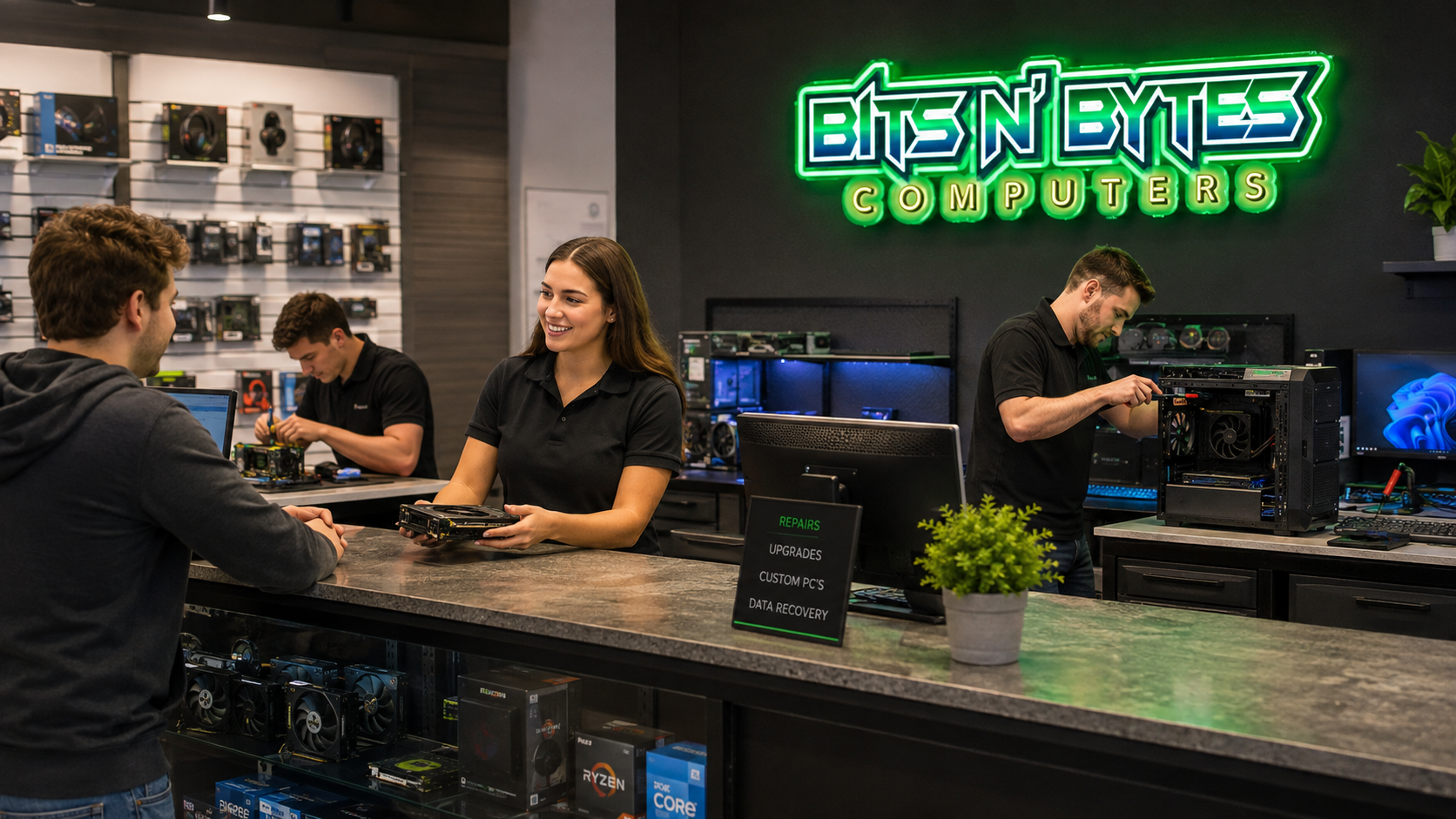 Bits n' Bytes Computers team servicing and refurbishing technology equipment inside their professional shop