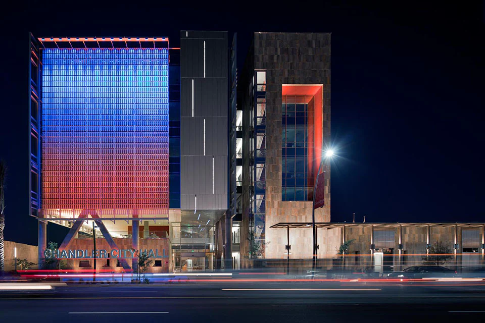 Chandler City Hall at night with modern illuminated architecture and vibrant city energy