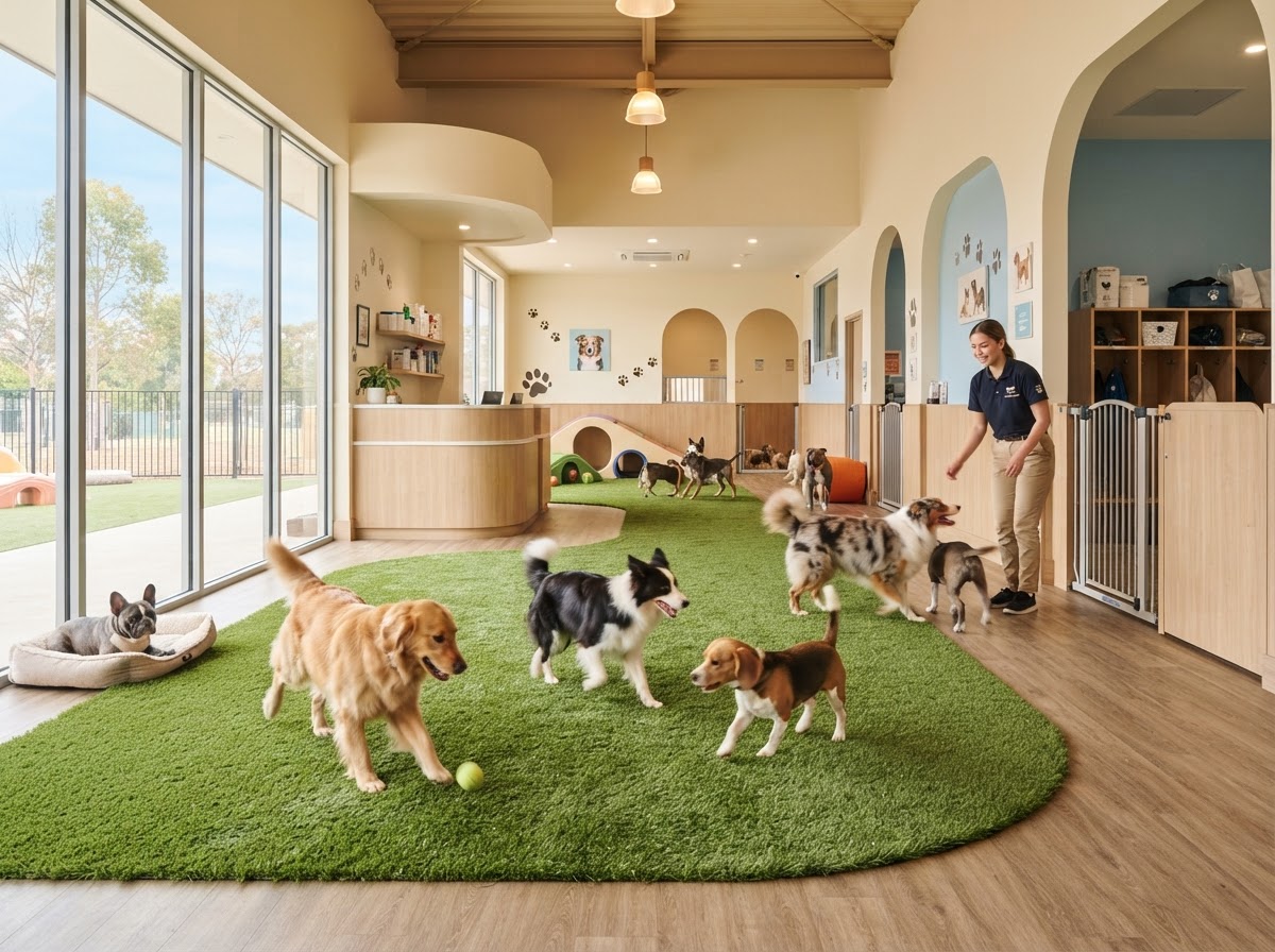 Dogs playing in the indoor play area at Park Your Paws