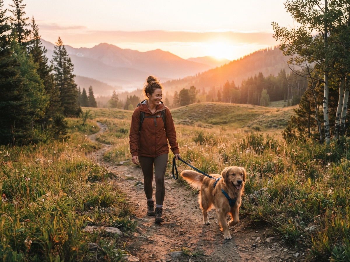 Pet parent spending a morning outdoors with dogs and puppies