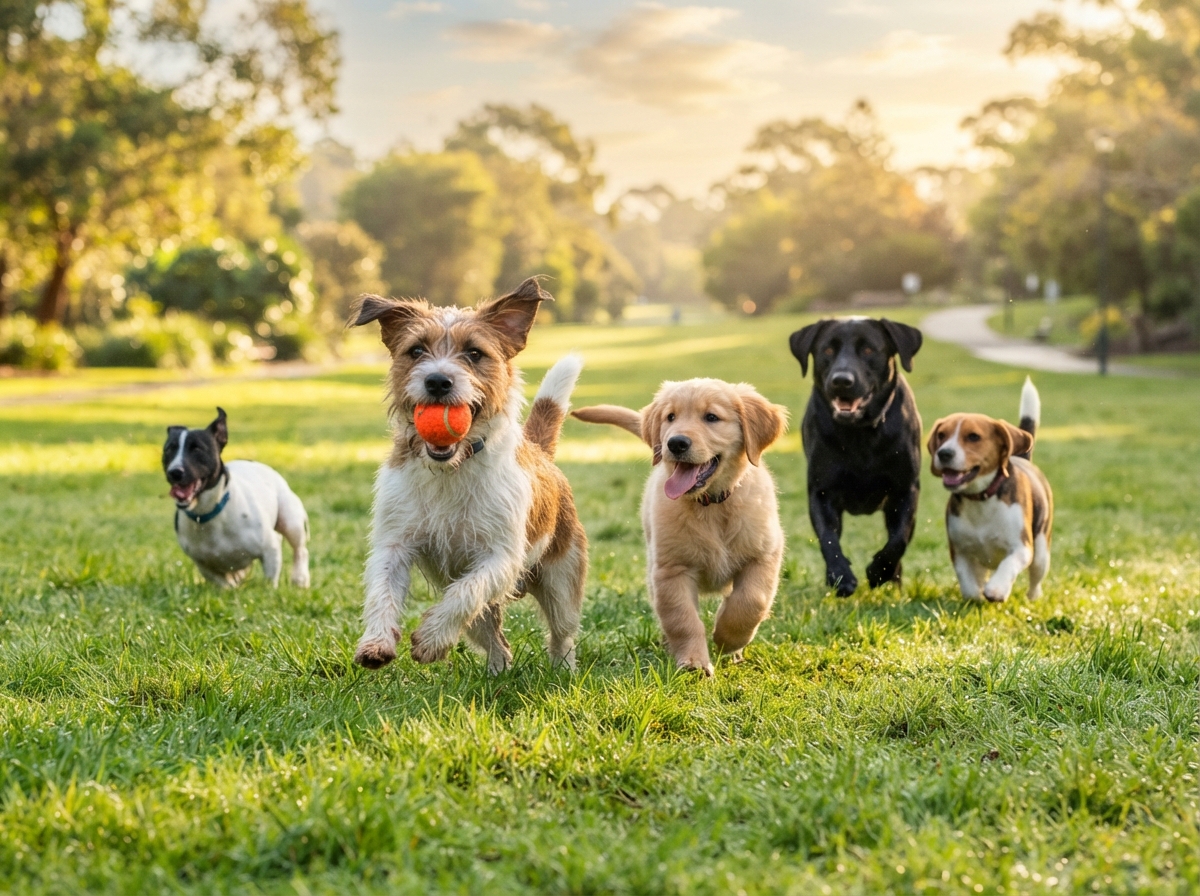 Dogs playing together at Park Your Paws facility