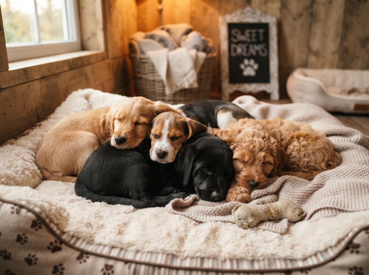 Two puppies resting together
