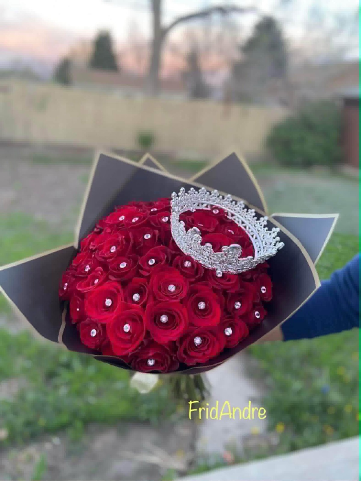 Luxury 50-rose deep red Ecuadorian rose bouquet with sparkling crystal crown tiara, rhinestone-embellished rose petals, elegant black geometric paper wrap with gold trim edges, and 'FridAndre' gold lettering - premium romantic arrangement