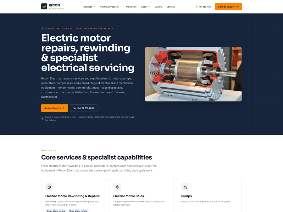 Recon Electrical website after ArrowSite rebuild
