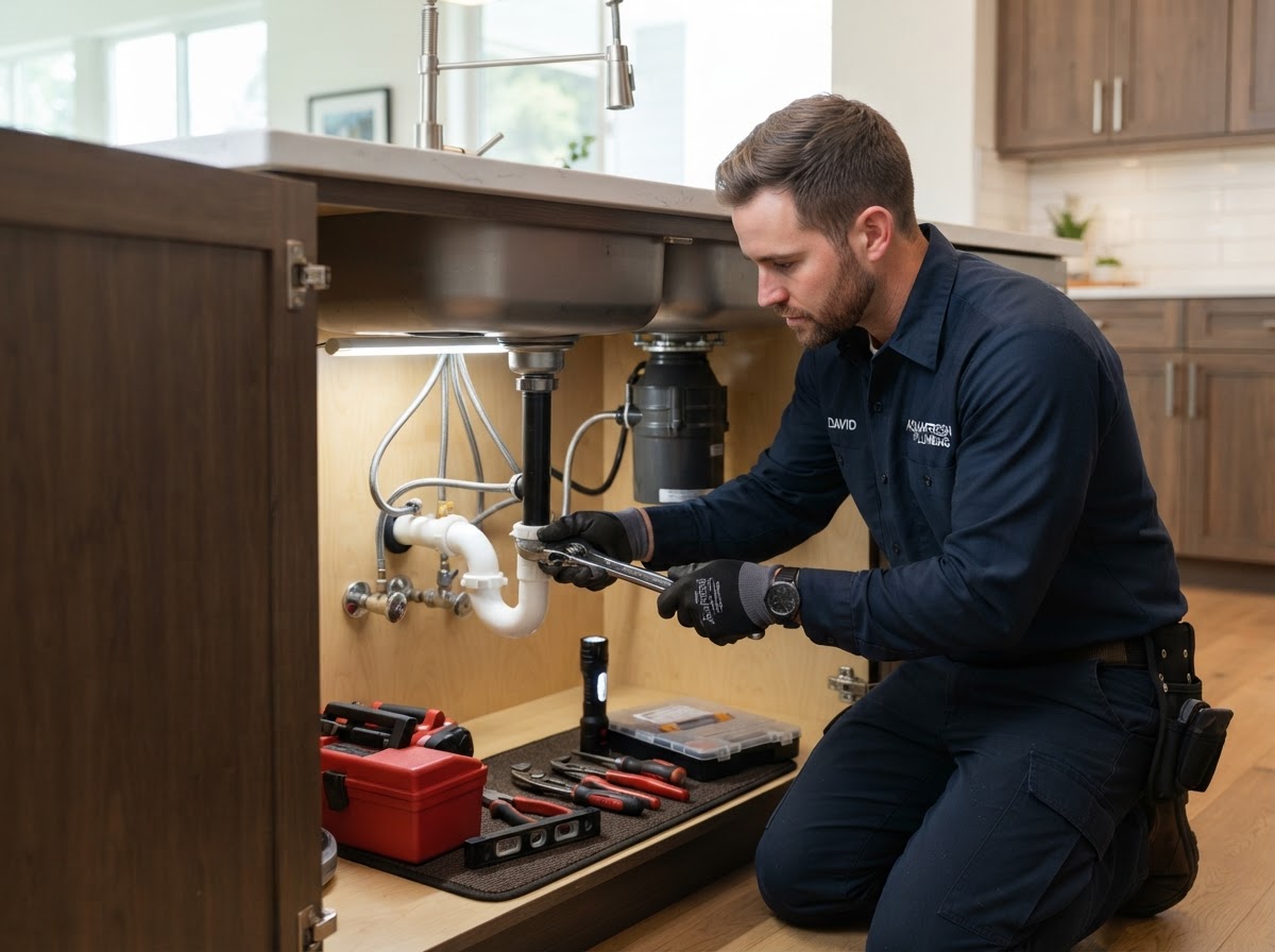 Plumber working under a modern kitchen sink with professional tools