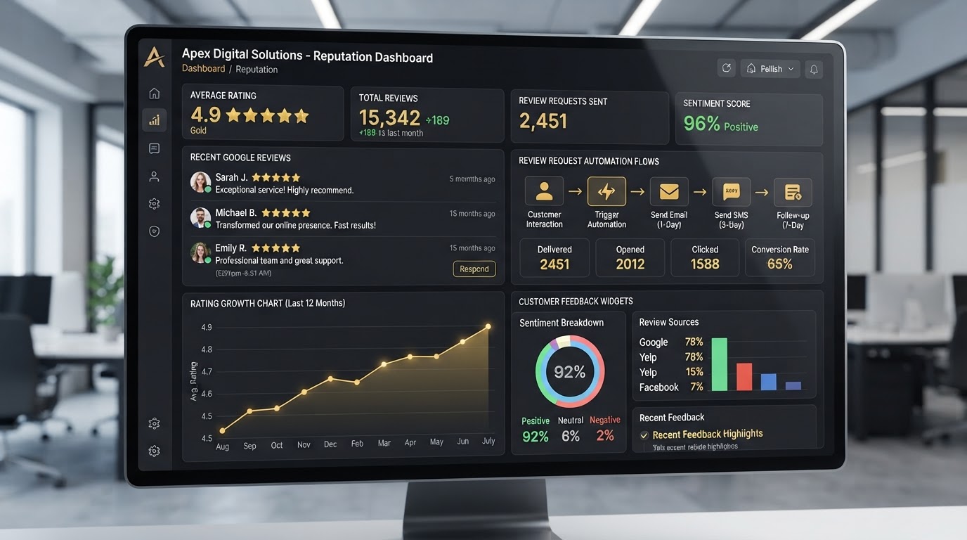 Online reputation management dashboard with 5-star reviews in Pataskala Ohio