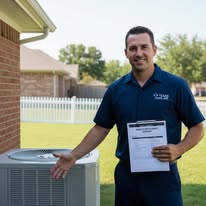 MaloneCo HVAC technician with clipboard at residential service call in Central Ohio