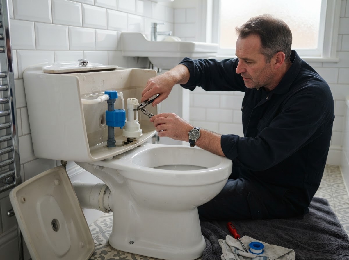 Toilet cistern flush mechanism being repaired by a plumber
