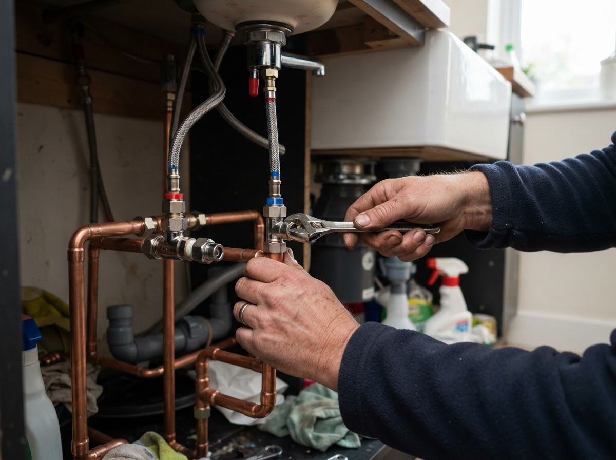 Plumber repairing a leaking pipe under a sink