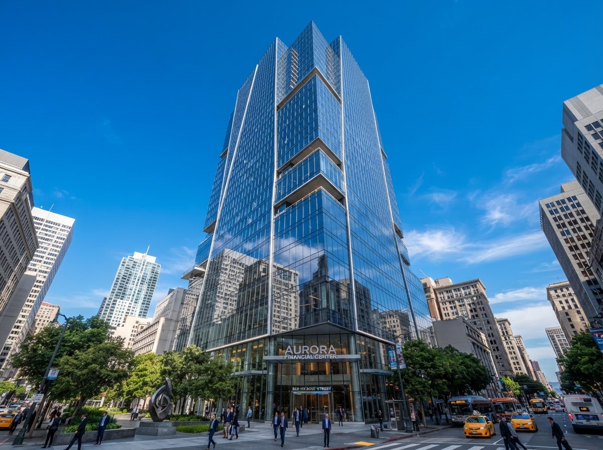 Modern commercial office building exterior in a business district
