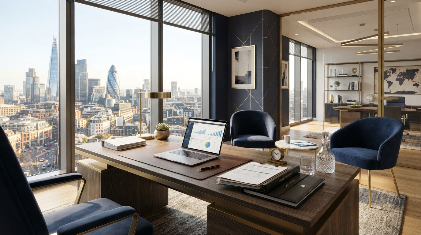 Modern office with city skyline view for mortgage consultation