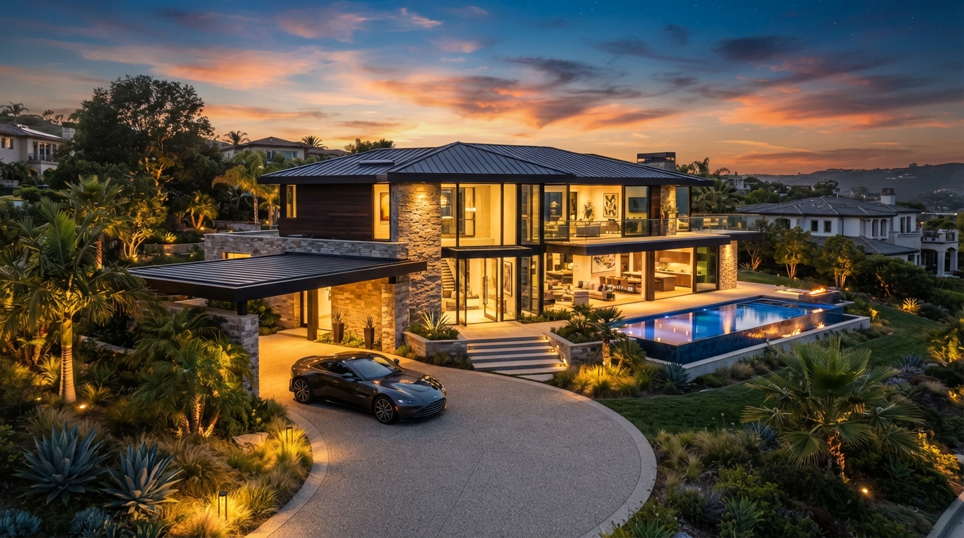 Casa moderna com automóvel ao pôr do sol
