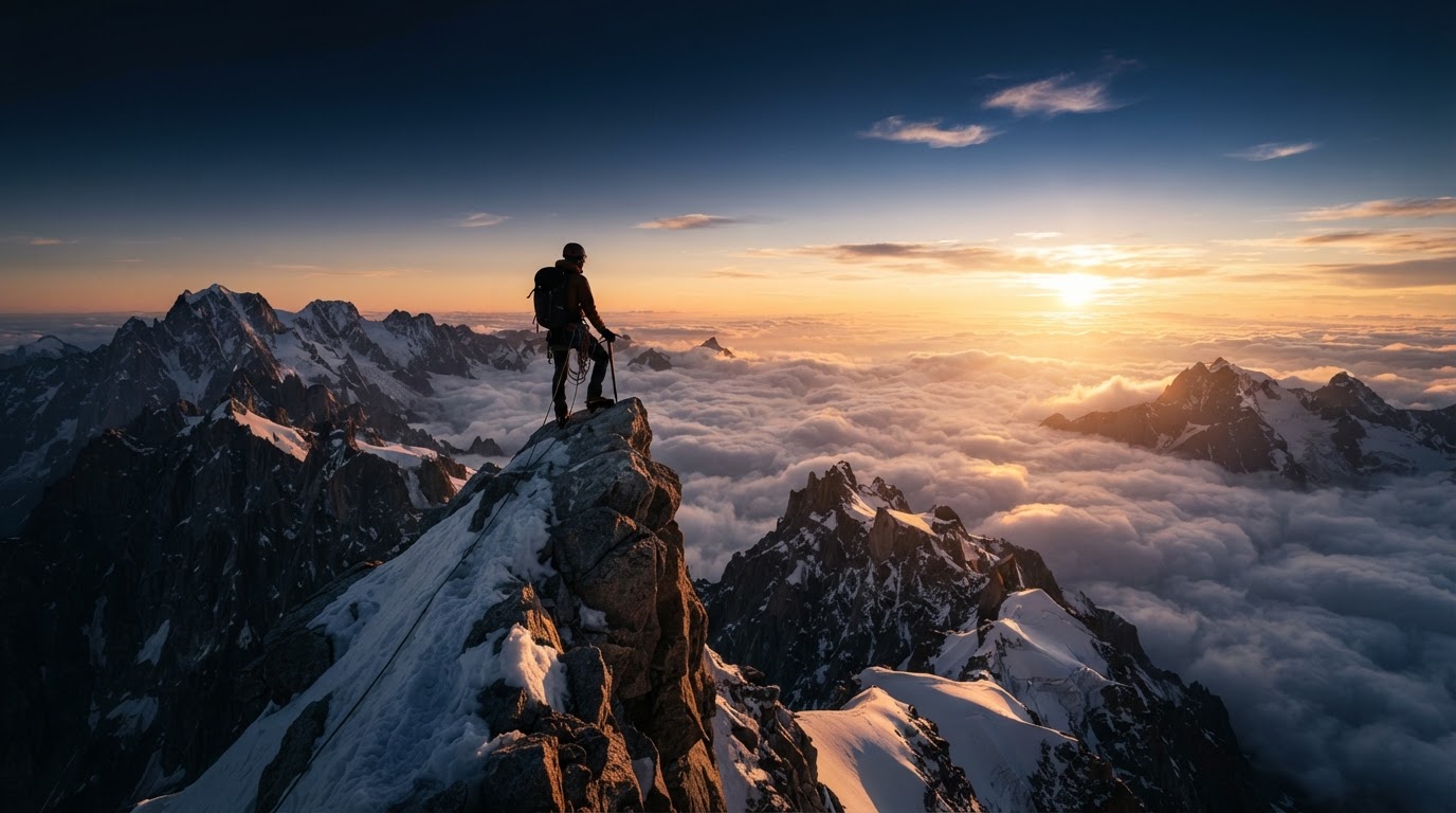 Mountain summit at dawn representing rising above average