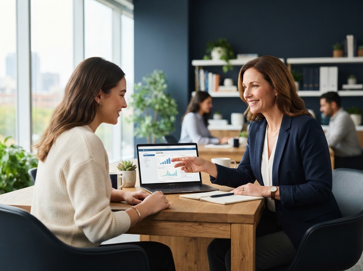 Professional insurance advisor explaining health insurance plan options to a client in a modern office