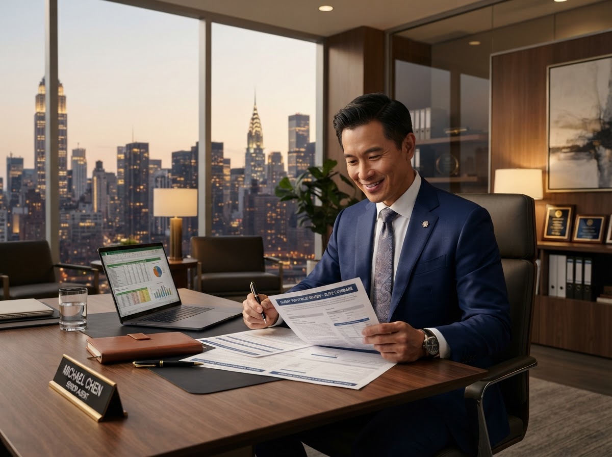 Confident professional insurance agent in a modern executive office
