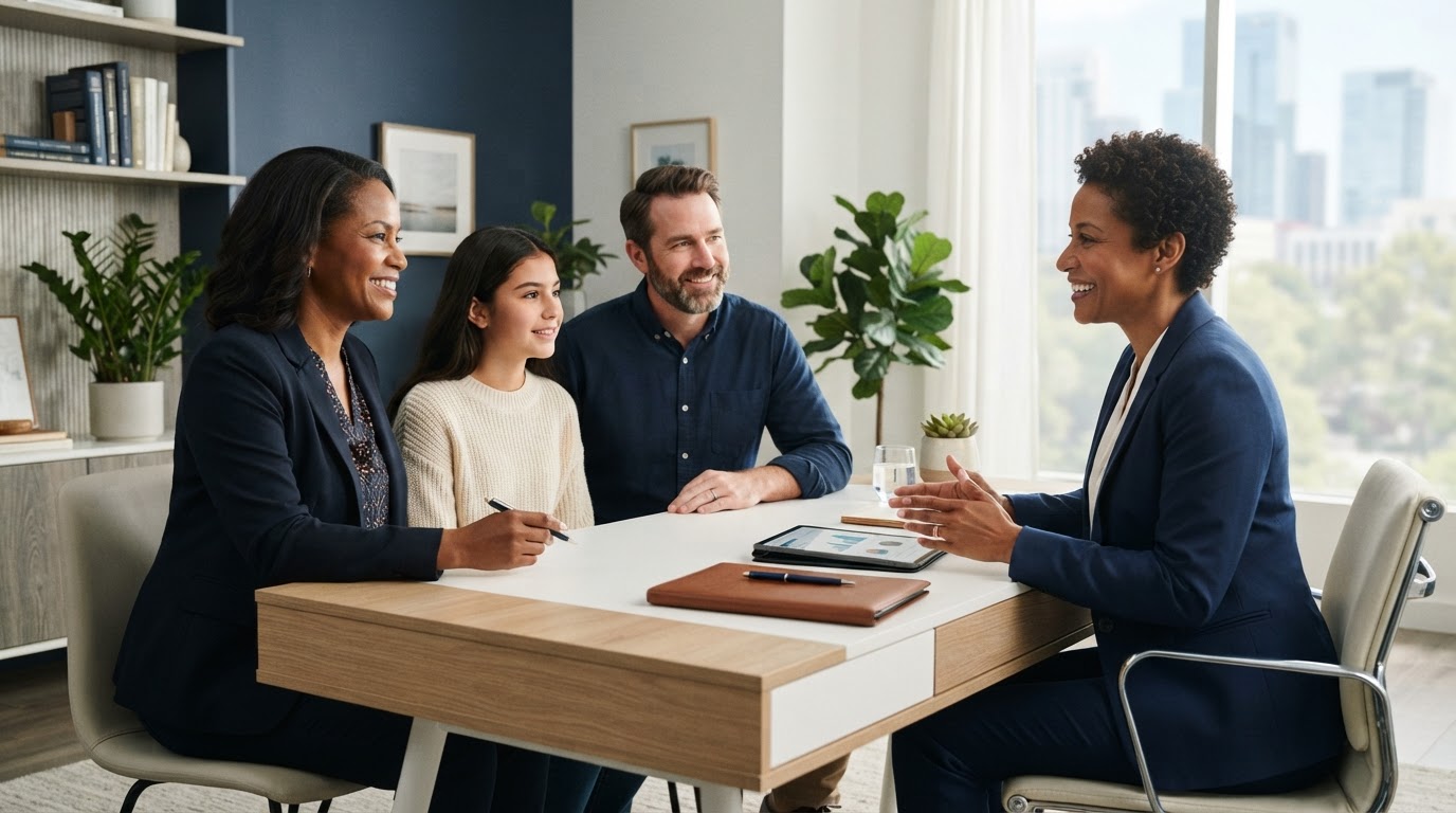 Diverse family speaking with a professional insurance advisor in a modern office