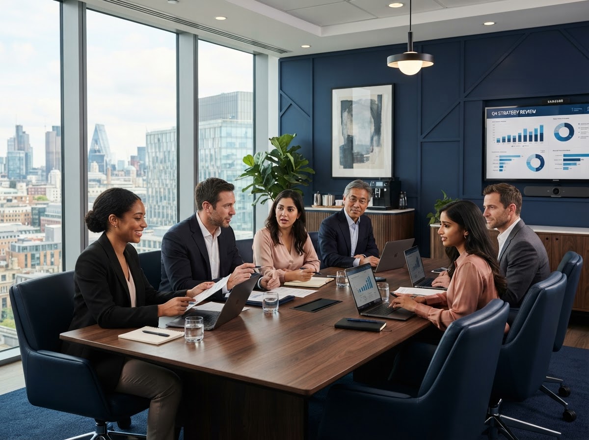Diverse team of business professionals collaborating in a modern executive boardroom