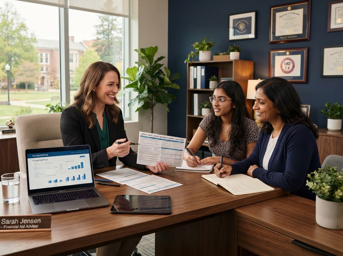 Professional financial aid consultation with an advisor, student, and parent