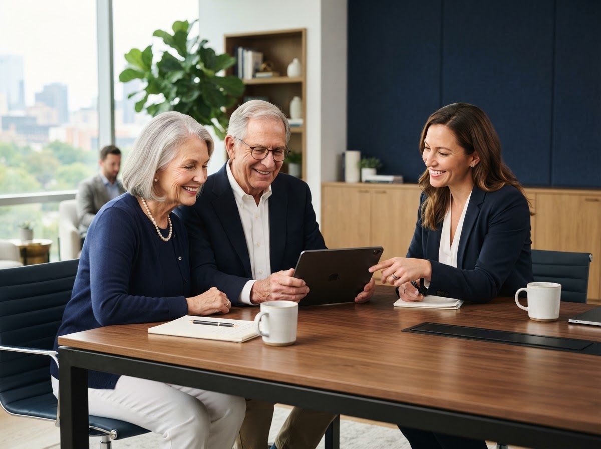 Senior couple reviewing Medicare plan options with a professional insurance advisor in a modern office