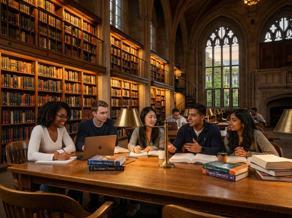 Diverse college students studying together in a beautiful university library