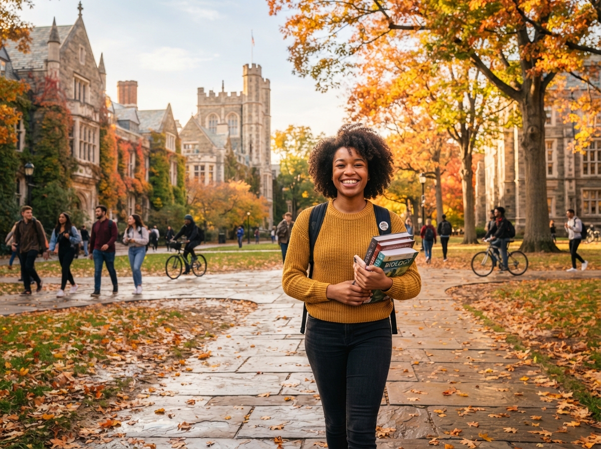 Joyful diverse college student on a beautiful university campus pathway