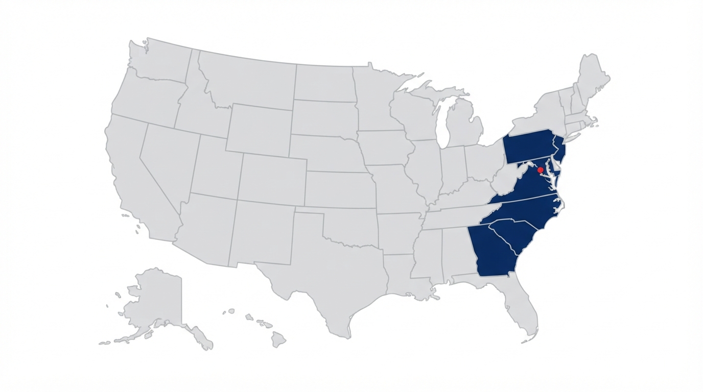 United States map showing Roof Marketing active markets along the East Coast corridor from South Carolina through New Jersey