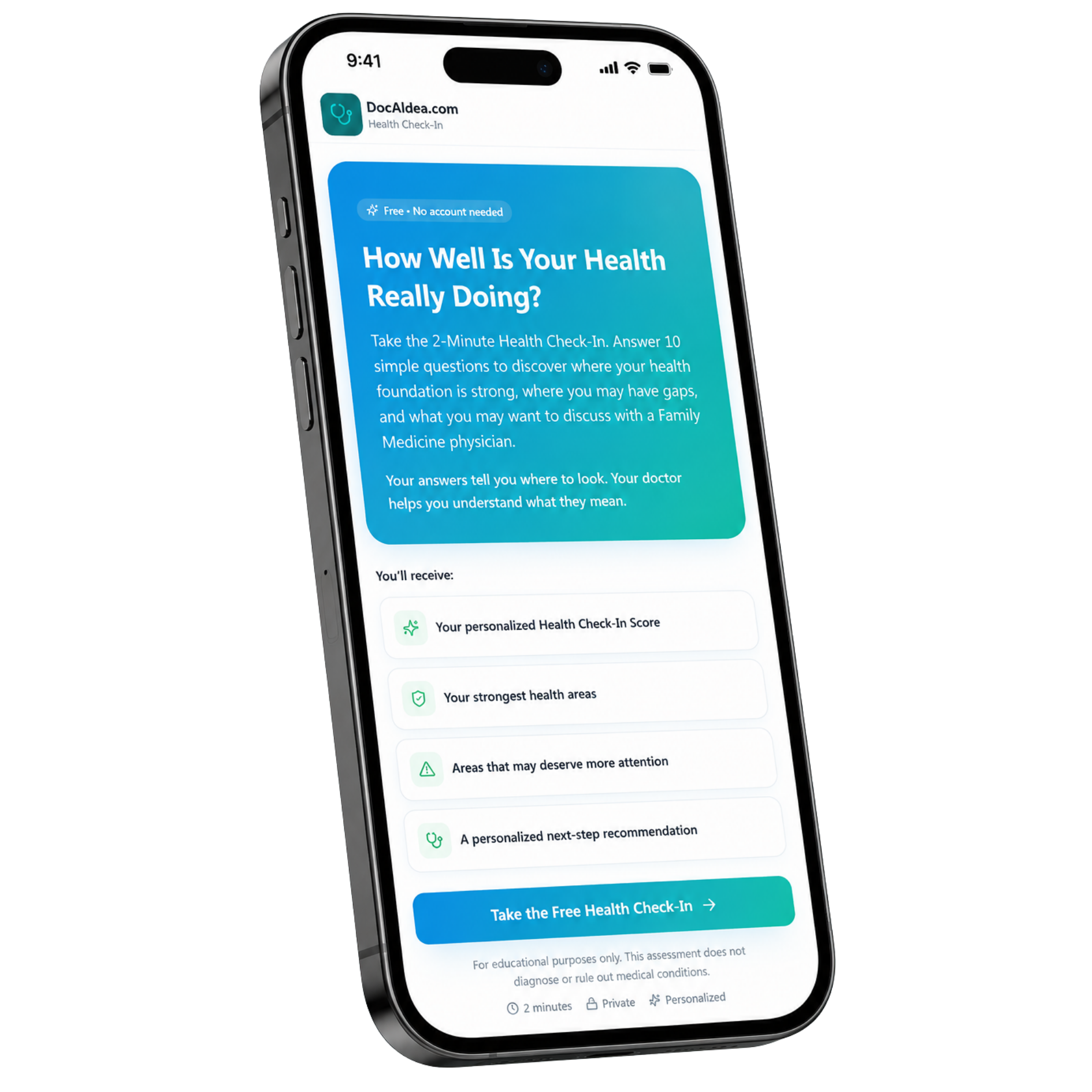 DocAldea Health Check-In app showing personalized health assessment